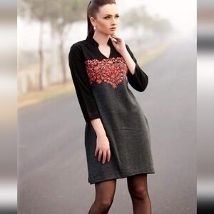 Kazaro Women's Dress Tunic Crewl Embroidery Floral 3/4 Sleeves Medium